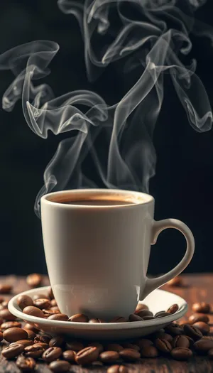 Dark Hot Coffee Cup on Table Morning Aroma