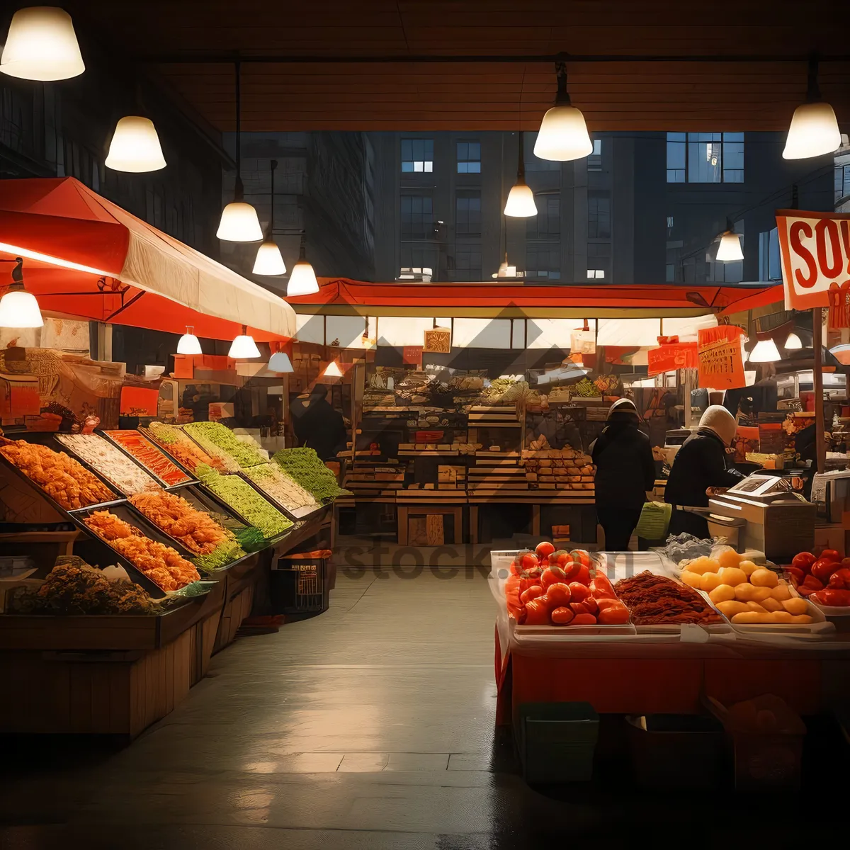 Picture of Marketplace counter with a variety of food items.