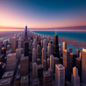 Urban Skyline at Sunset: Modern Skyscrapers in Cityscape