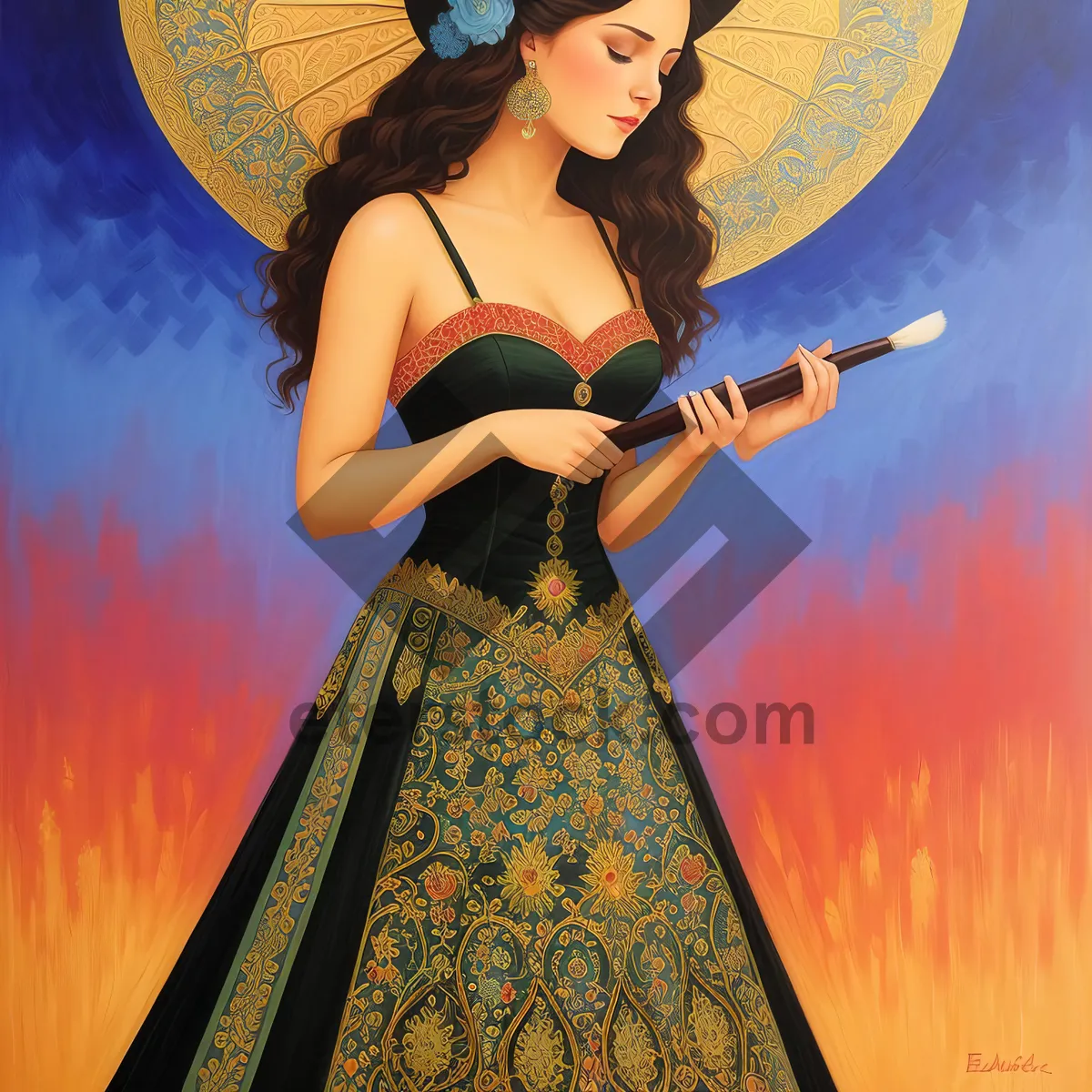 Picture of Seductive brunette lady with lute exudes timeless elegance