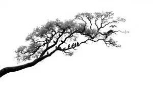Seasonal oak tree silhouette in forest environment.