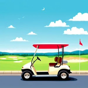 Golfer Driving on Green Grass with Golf Cart