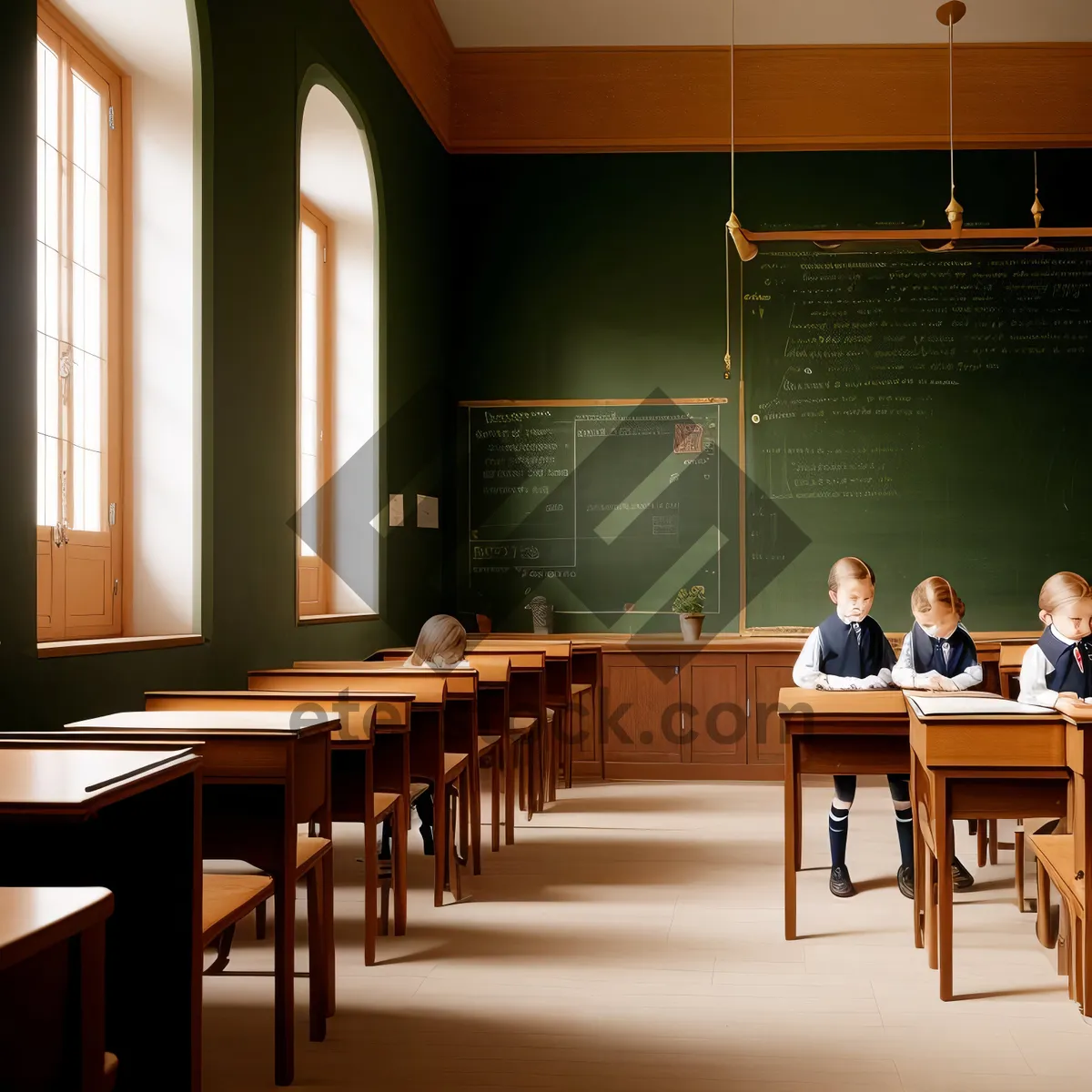 Picture of Modern Classroom Interior with Wood Furniture