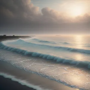 Tranquil Beach Sunrise Over Calm Ocean Waters