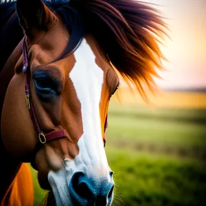 Brown Thoroughbred Stallion with Equestrian Gear in Rural Field