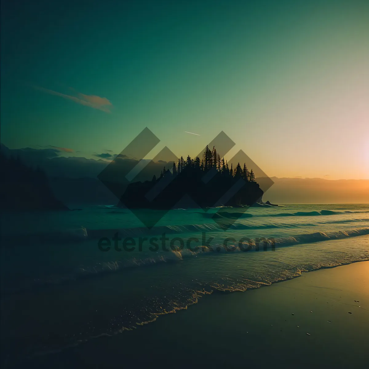 Picture of Serene sunset over tranquil tropical coastline.