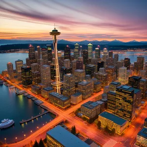 Waterfront Cityscape at Sunset: Metropolis Skyscrapers and Iconic Bridge