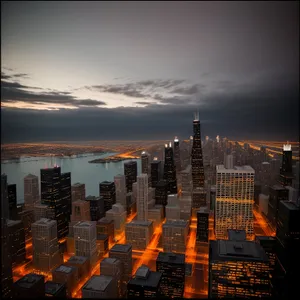 Urban Nightscape at River Harbor: City's Skyscraper District