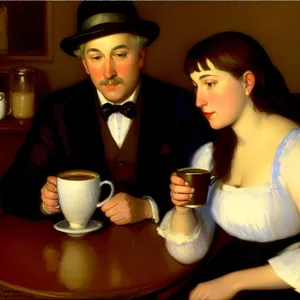 Happy couple enjoying coffee at restaurant table