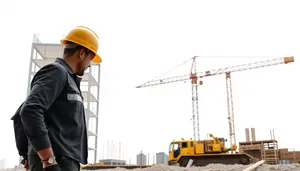 Professional construction worker in hardhat operating crane.