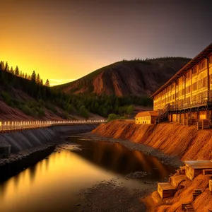 Sunset Over River Bridge and Mountain Reflection