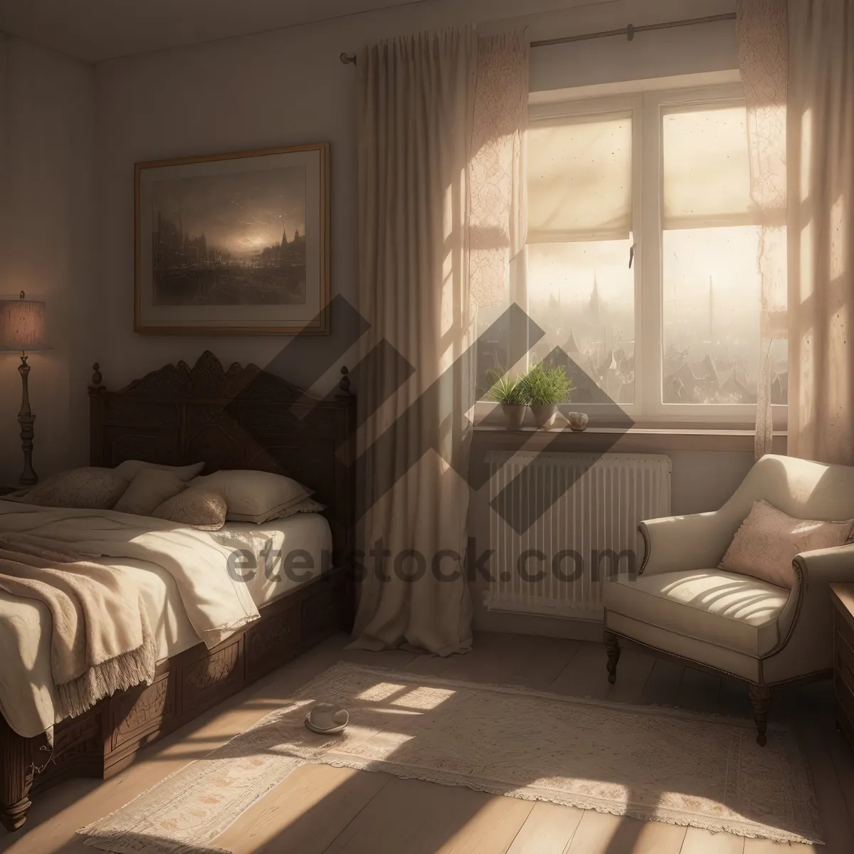 Picture of Modern Elegant Bedroom with Cozy Sofa and Stylish Décor