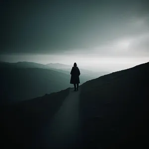 Majestic Mountain Hiker Scaling Snowy Summit at Sunset