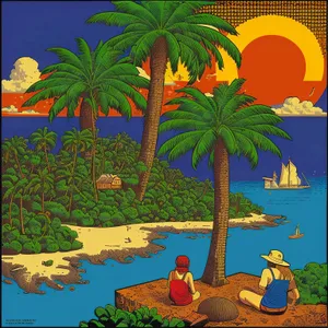 Tropical sunset beach paradise with palm trees.