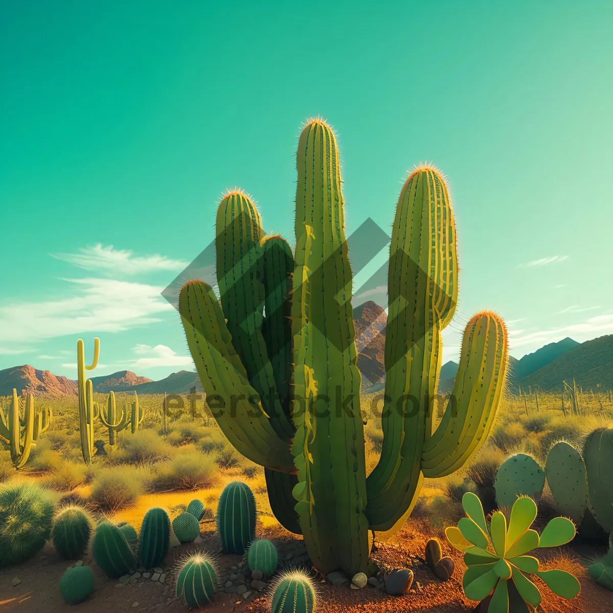 Picture of Saguaro Cactus against Desert Sky - Vibrant Desert Plant