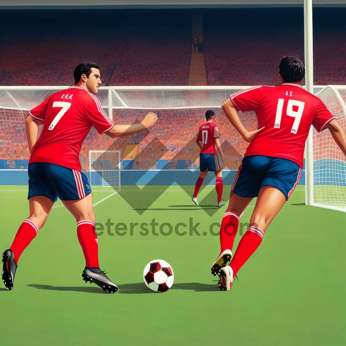 Picture of Excited men playing soccer in a stadium match.