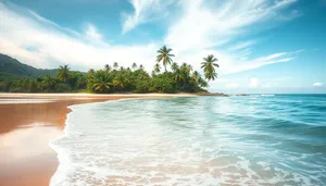 Tropical beach vacation paradise with palm trees.