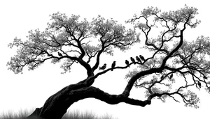 Silhouette of oak tree against sky in forest landscape.