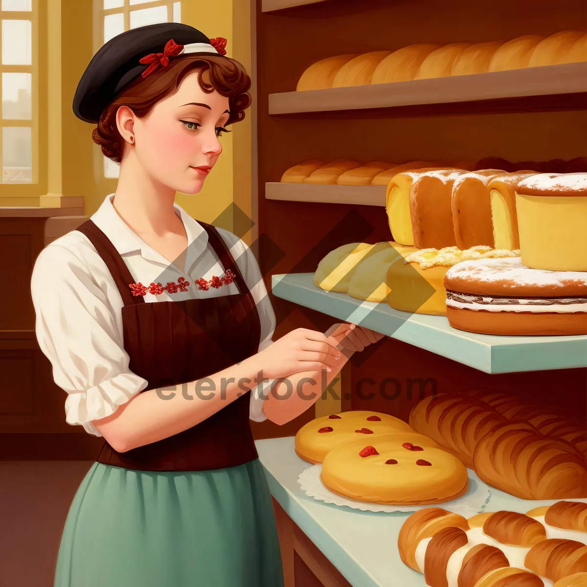 Picture of Happy waiter serving breakfast in a bakery.