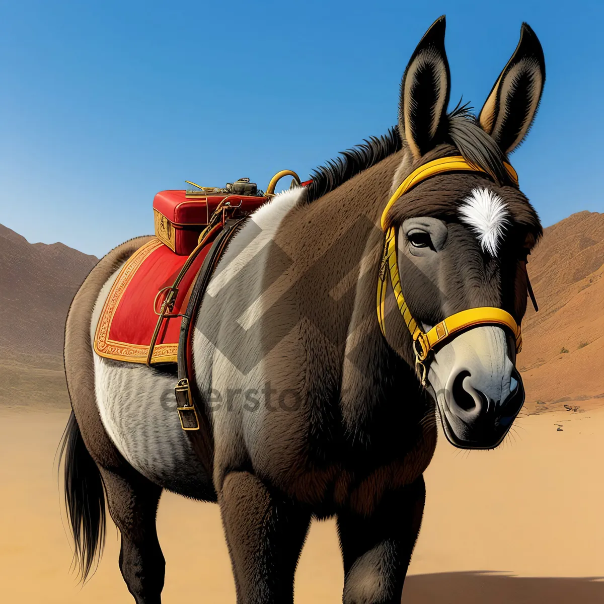 Picture of Rural Brown Horse With Bridle in Grass Field