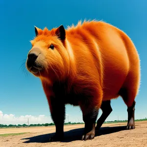 Brown horse grazing in rural farm field