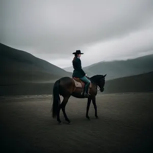 Rustic Equine Ranch Scene with Cowboy Riding Horse