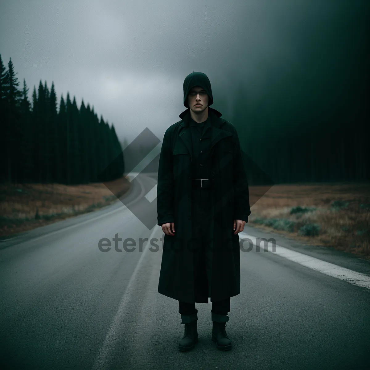 Picture of Man in Trench Coat Walking Under Rainy Sky