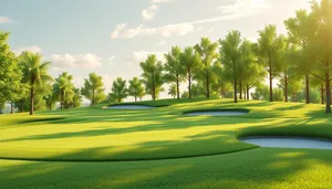 Scenic Golf Course Flag Pole Against Blue Sky