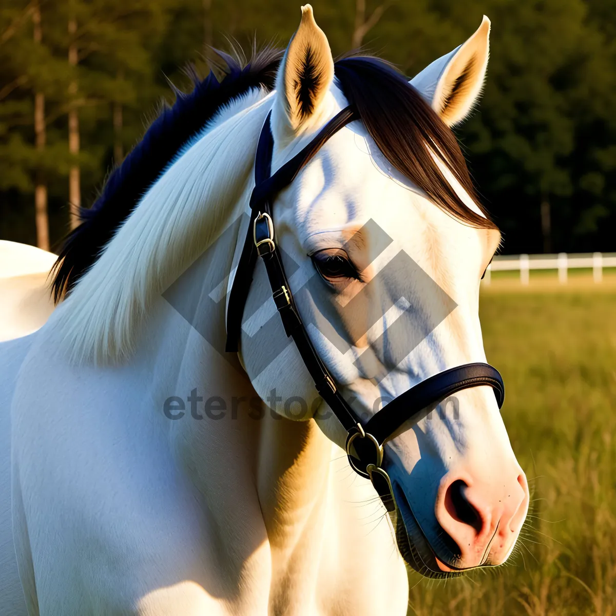 Picture of Thoroughbred Stallion with Brown Mane Grazing in a Field