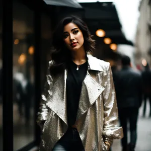 Happy brunette model in fashionable coat smiling outdoors