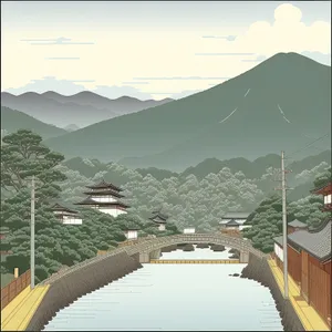 Mountain town skyline with river and lake view.