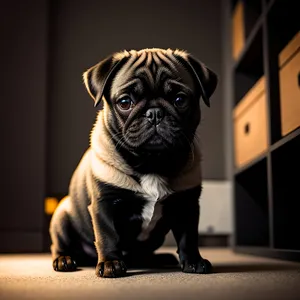 Adorable wrinkled pug puppy sitting obediently