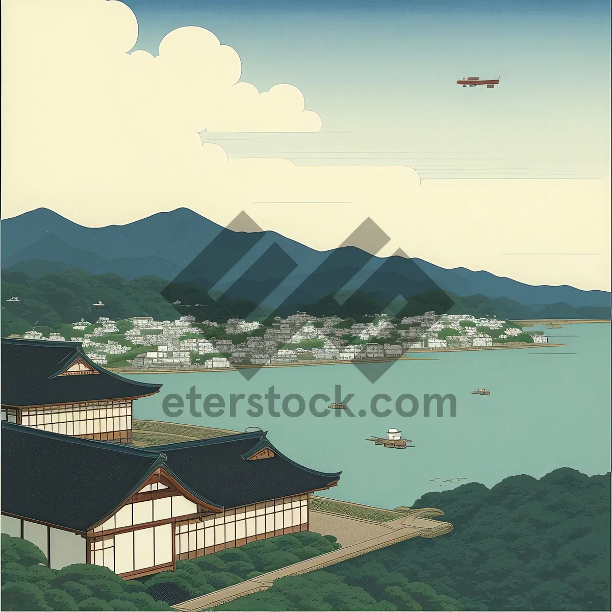 Picture of Serene Seascape: Tranquil beach paradise overlooking majestic mountains