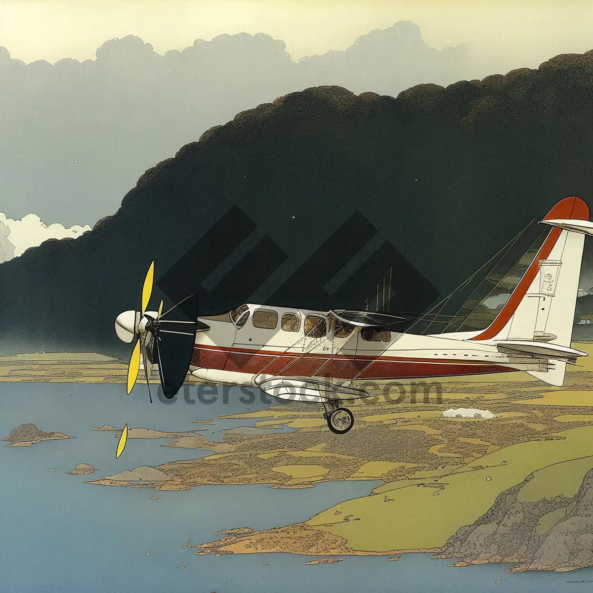 Picture of Jet aircraft soaring over beachside landscape.