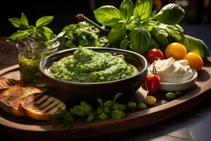 Fresh vegetable salad bowl with basil and tomato