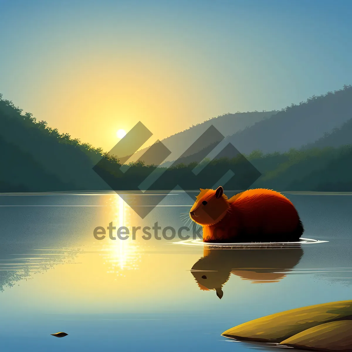 Picture of Serene Sunset over Lake and Mountains