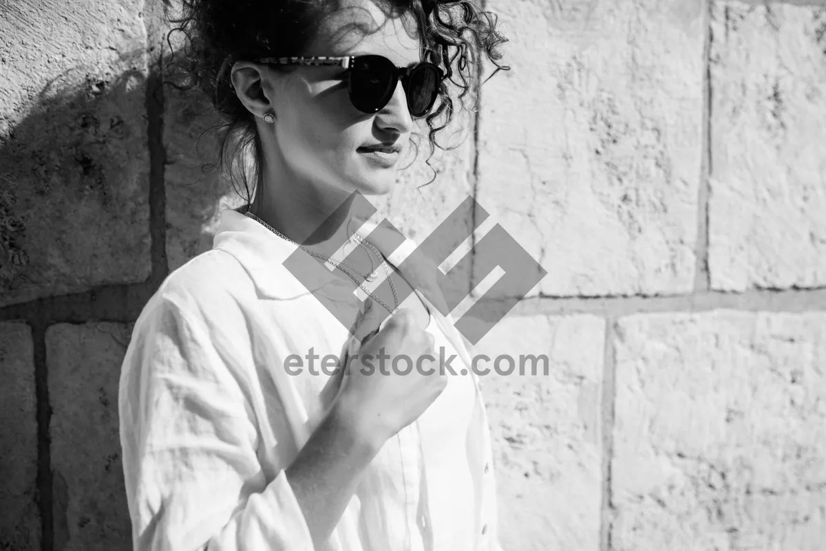 Picture of Smiling brunette model wearing stylish sunglasses in studio