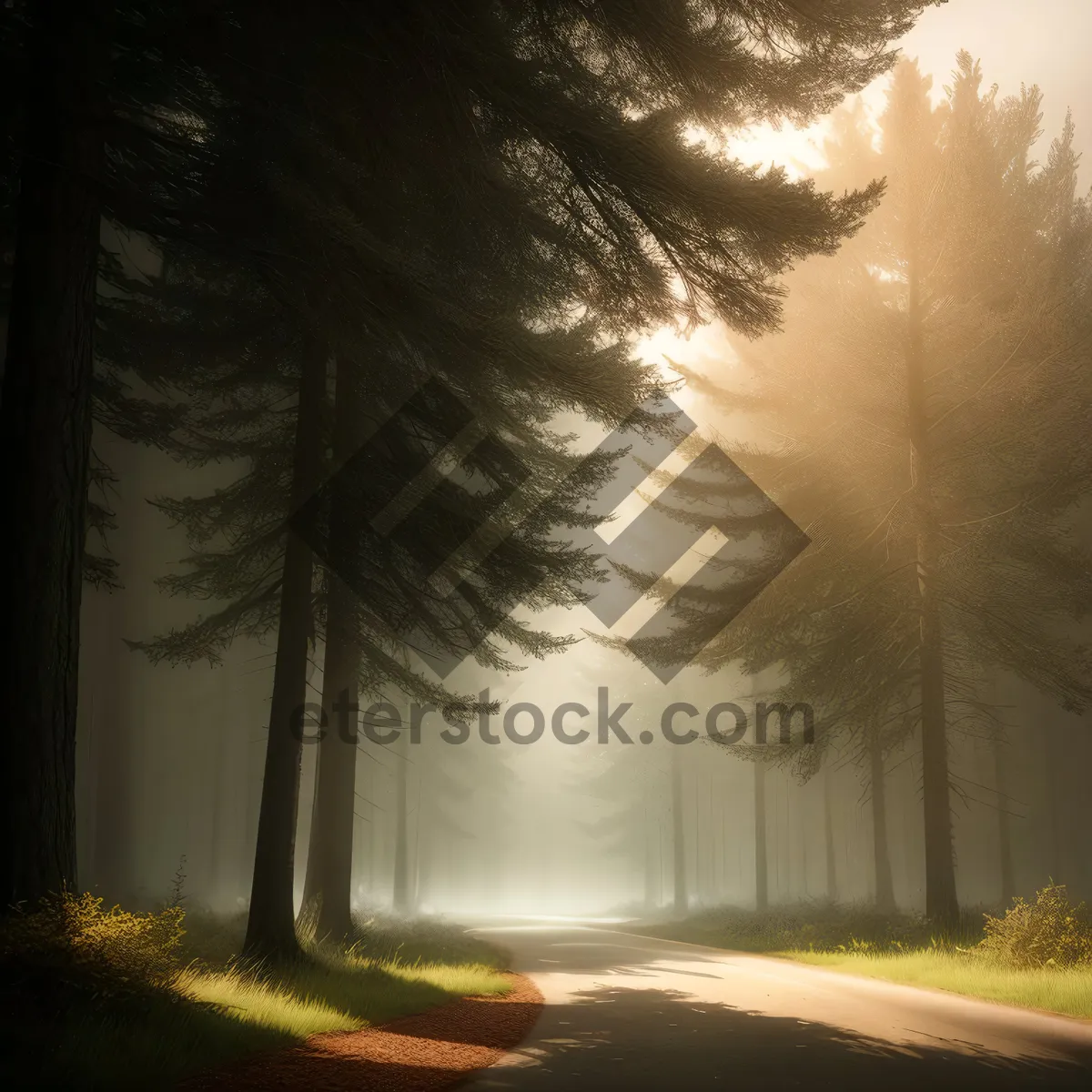 Picture of Starry Road illuminated by Sunlight - Celestial Travel Through Scenic Forest Landscape