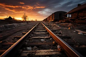 Steel railway tracks leading into the industrial station landscape.