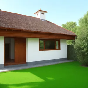 Modern suburban villa with tile roof and garage.