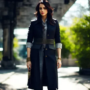 Stylish brunette student smiling in a trench coat.