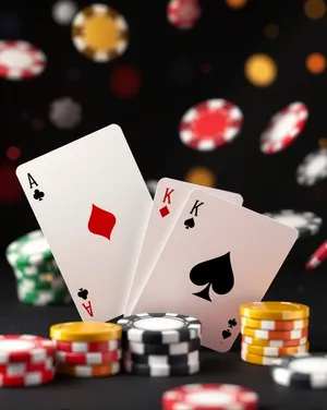 Casino win with poker game cards and chips.