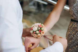 Happy couple celebrating love on wedding day holding hands