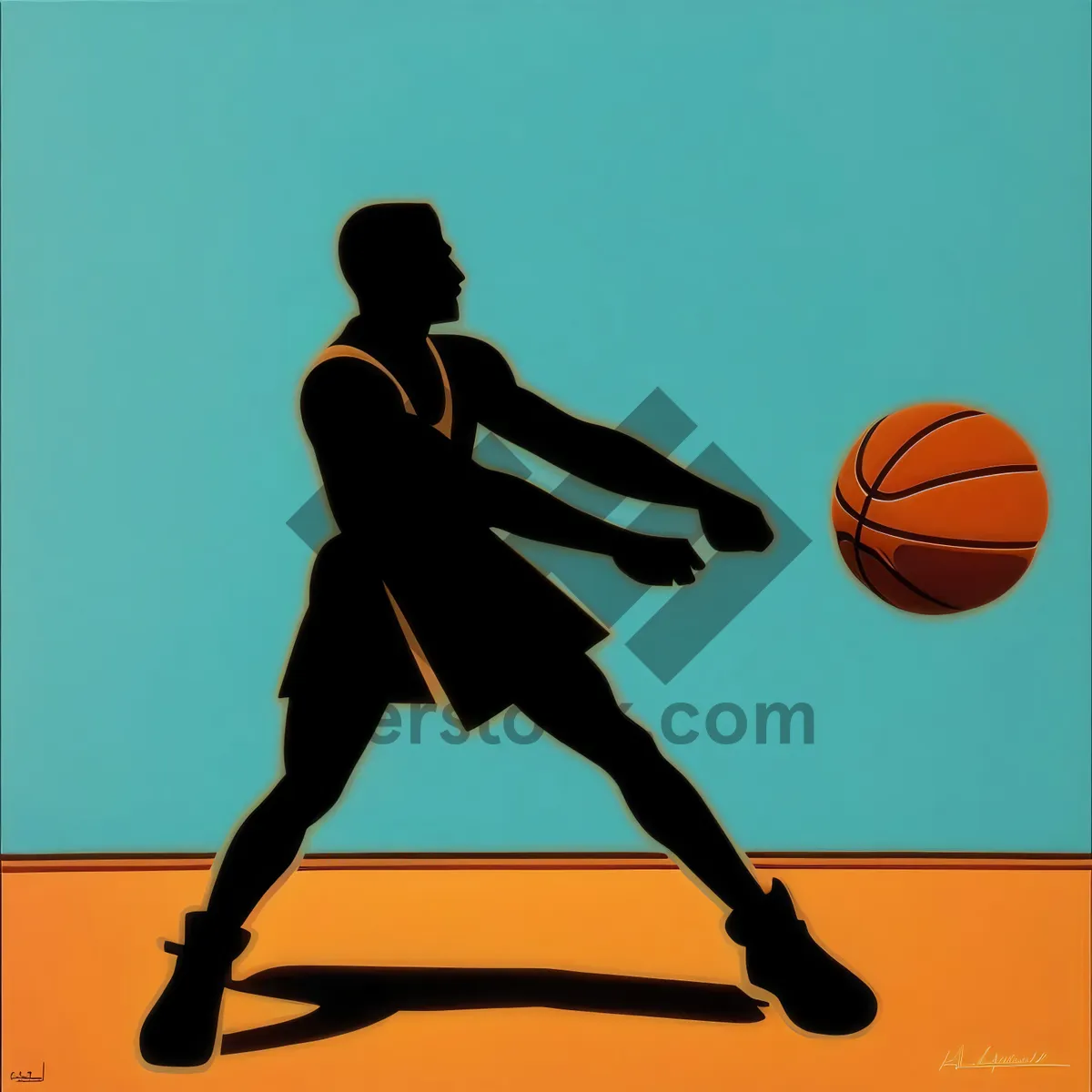 Picture of Silhouette of Active Male Basketball Player with Ball
