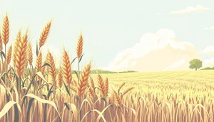 Golden Wheat Field Under Sunny Sky with Fluffy Clouds