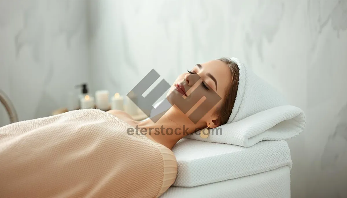 Picture of Attractive lady smiling on bed in home spa.