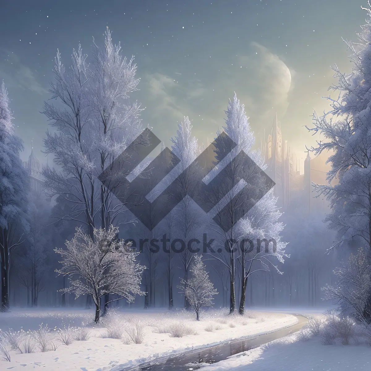 Picture of Winter Wonderland: Snowy Forest Landscape Under Frosty Sky