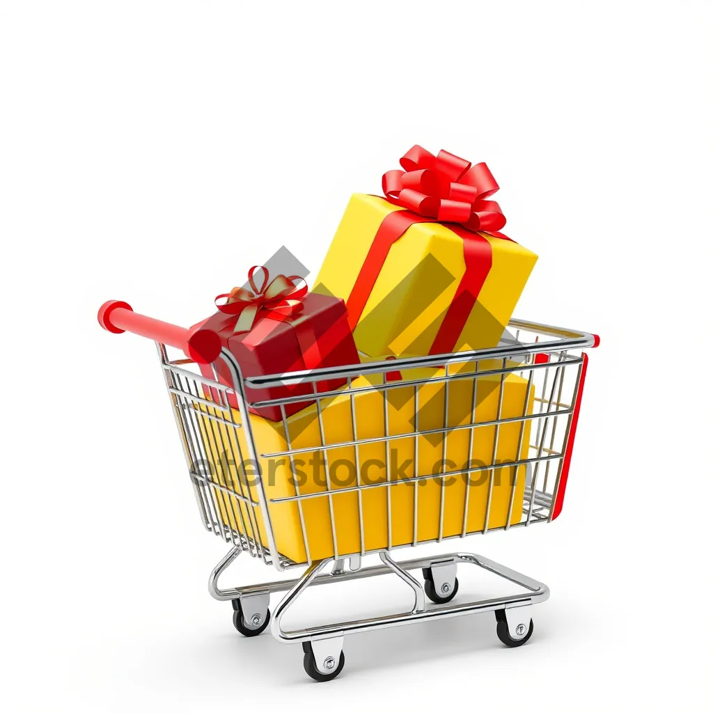 Picture of Shopping Cart in Empty Supermarket Aisle.