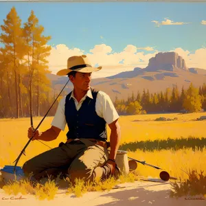 Man paddling in sunny meadow with school bus backdrop