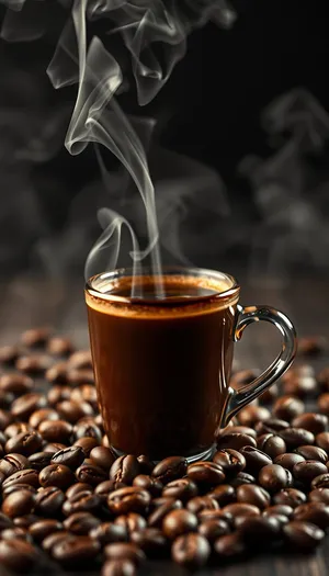 Dark espresso coffee in glass cup with spoon.